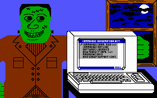 Monster standing beside a computer with Q-Link on the screen