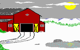 Barn, with sleigh tracks in the snow