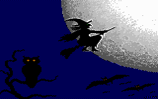 Witch on broom with an owl in the foreground