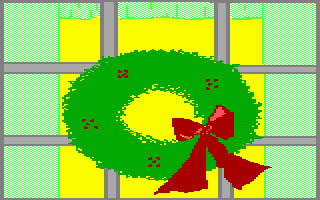 Wreath+bow hanging in a window