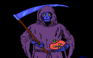 Death holding his sickle and a Jack 'O Lantern