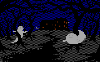 Several ghosts flying around outside an old (haunted?) house