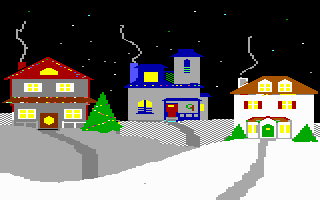 Night scene. 3 houses decorated for Christmas